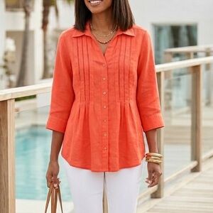 COLDWATER CREEK 100% Linen Pintuck Tunic Orange 3/4 Sleeve Lagenlook L 14-16